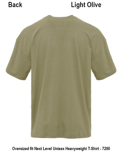 Back view of a light olive green short-sleeve t-shirt on a white background, with text labels 'Back' and 'Light Olive' at the top and product details at the bottom. Custom over size shirt print Next Level 7200