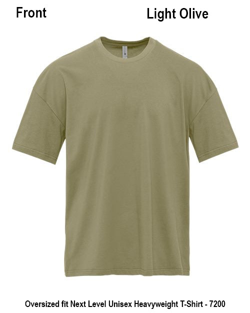 A light olive green short-sleeve crewneck t-shirt shown from the front on a white background, with text labels indicating 'Front' and 'Light Olive' and additional sizing text at the bottom. Custom over size shirt print Next Level 7200