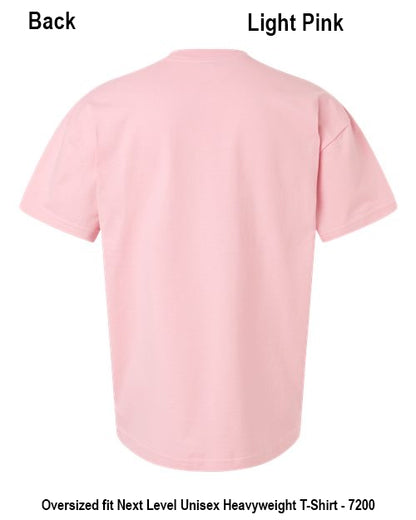 A light pink oversized short-sleeve T-shirt shown from the back on a white background, with text labels reading 'Back' and 'Light Pink' at the top and product text at the bottom.