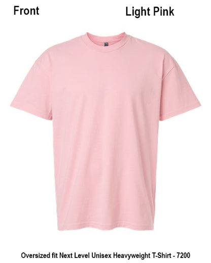 A light pink oversized short-sleeve crewneck t-shirt displayed on a white background with text labels indicating 'Front' and 'Light Pink' at the top, and product details at the bottom. Custom over size shirt print Next Level 7200