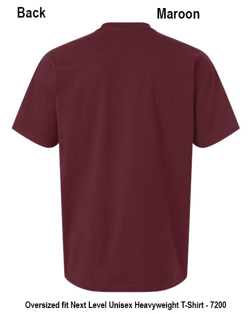 Back view of an oversized maroon short-sleeve T-shirt on a white background, with text labels indicating 'Back' and 'Maroon' plus product text at the bottom. Custom over size shirt print Next Level 7200