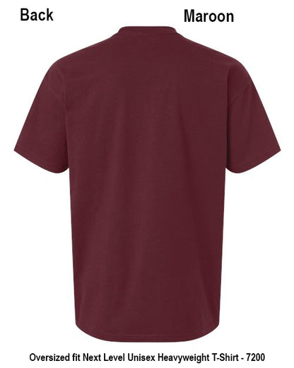 Back view of an oversized maroon short-sleeve T-shirt on a white background, with text labels indicating 'Back' and 'Maroon' plus product text at the bottom. Custom over size shirt print Next Level 7200