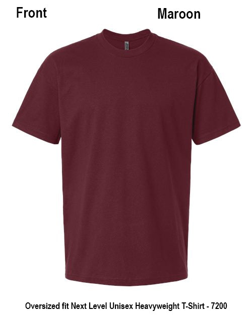A maroon short-sleeve crewneck t-shirt shown flat against a white background, with text labels indicating 'Front' and 'Maroon' plus product details at the bottom. Custom over size shirt print Next Level 7200