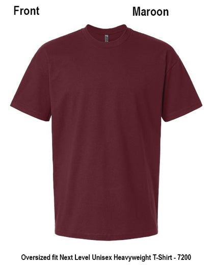 A maroon short-sleeve crewneck t-shirt shown flat against a white background, with text labels indicating 'Front' and 'Maroon' plus product details at the bottom. Custom over size shirt print Next Level 7200