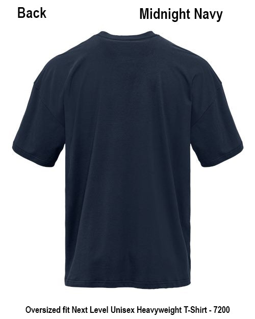 Back view of a Midnight Navy short-sleeve crewneck t-shirt on a white background, with text indicating 'Back' and 'Midnight Navy' and additional sizing text at the bottom. Custom over size shirt print Next Level 7200