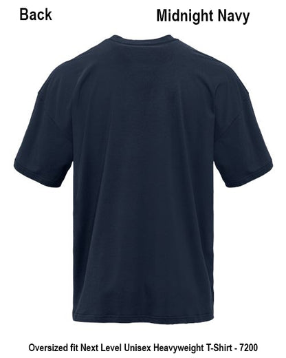 Back view of a Midnight Navy short-sleeve crewneck t-shirt on a white background, with text indicating 'Back' and 'Midnight Navy' and additional sizing text at the bottom. Custom over size shirt print Next Level 7200