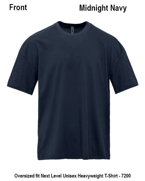 A navy blue short-sleeve crewneck t-shirt shown from the front on a white background, with text labels indicating 'Front', 'Midnight Navy', and product details at the bottom. Custom over size shirt print Next Level 7200
