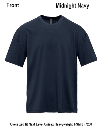 A navy blue short-sleeve crewneck t-shirt shown from the front on a white background, with text labels indicating 'Front', 'Midnight Navy', and product details at the bottom. Custom over size shirt print Next Level 7200