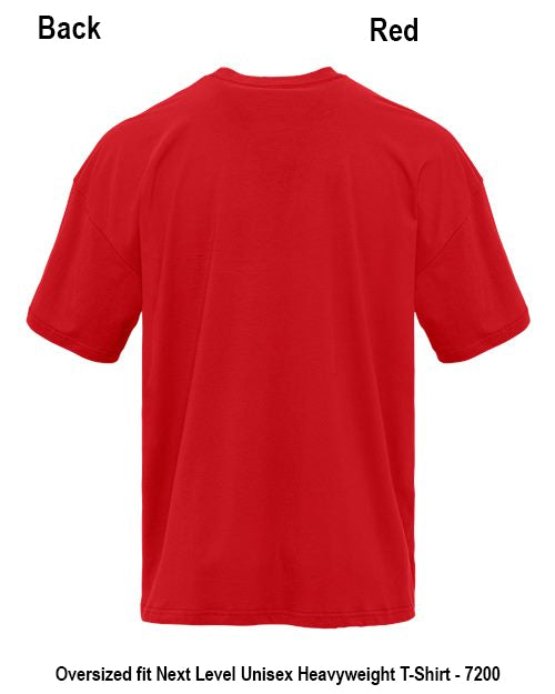 Red short-sleeve T-shirt shown from the back on a white background, with text labels reading 'Back' and 'Red' and additional sizing text at the bottom. Custom over size shirt print Next Level 7200