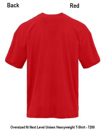 Red short-sleeve T-shirt shown from the back on a white background, with text labels reading 'Back' and 'Red' and additional sizing text at the bottom. Custom over size shirt print Next Level 7200