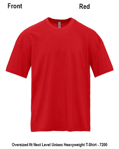 A red short-sleeve crewneck t-shirt shown flat against a white background, with text labels indicating 'Front' and 'Red' at the top and product details at the bottom. Custom over size shirt print Next Level 7200