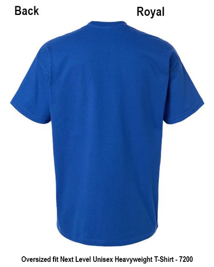 Back view of a royal blue short-sleeve crewneck T-shirt on a white background, with text labels 'Back' and 'Royal' and product description text at the bottom. Custom over size shirt print Next Level 7200