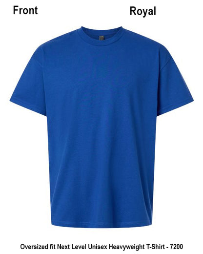 A royal blue short-sleeve crewneck t-shirt shown flat against a white background, with text labels 'Front' and 'Royal' at the top and product details at the bottom. Custom over size shirt print Next Level 7200