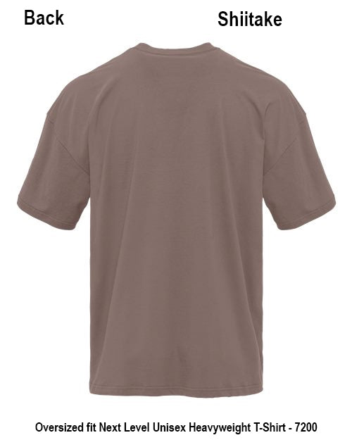 Back view of a plain short-sleeve crewneck T-shirt in a muted taupe-brown color, shown on a white background with text labels 'Back' and 'Shitake' plus a bottom caption about oversized fit. Custom over size shirt print Next Level 7200