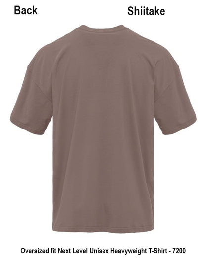 Back view of a plain short-sleeve crewneck T-shirt in a muted taupe-brown color, shown on a white background with text labels 'Back' and 'Shitake' plus a bottom caption about oversized fit. Custom over size shirt print Next Level 7200