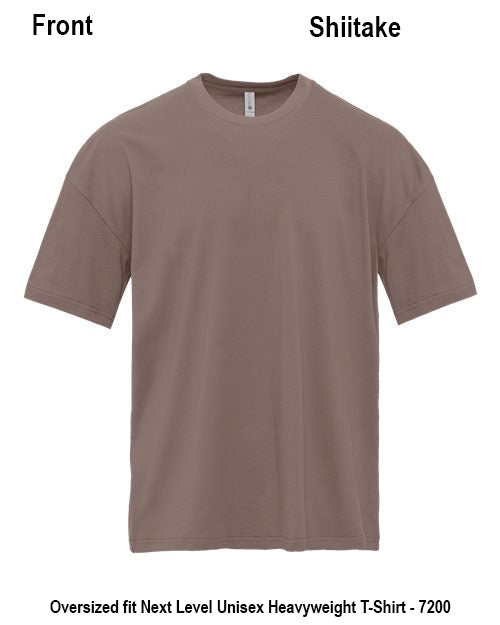 A plain short-sleeve crewneck t-shirt in a muted taupe-brown color, shown against a white background with text labels 'Front' and 'Shitake' at the top and product details at the bottom. Custom over size shirt print Next Level 7200