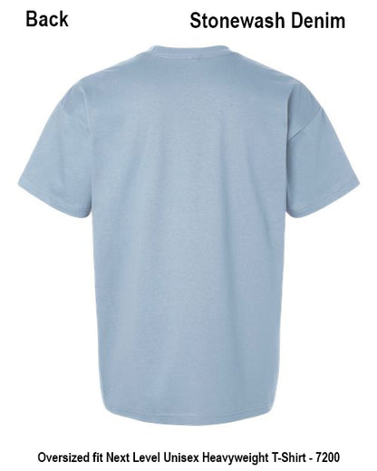 Back view of a light blue denim t-shirt with 'Back' and 'Stonewash Denim' text labels at the top, and product description text at the bottom on a white background. Custom over size shirt print Next Level 7200