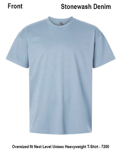 A light blue short-sleeve crewneck t-shirt shown from the front on a white background, with text labels indicating 'Front', 'Stonewash Denim', and product details at the bottom. Custom over size shirt print Next Level 7200