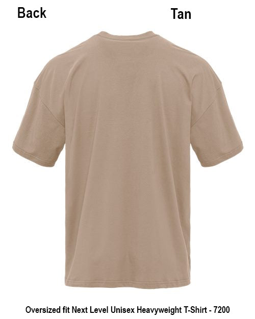 Back view of a tan oversized short-sleeve crewneck t-shirt on a white background, with text labels 'Back' and 'Tan' and a bottom caption reading 'Oversized fit Next Level Unisex Heavyweight T-Shirt - 7200'. Custom over size shirt print Next Level 7200