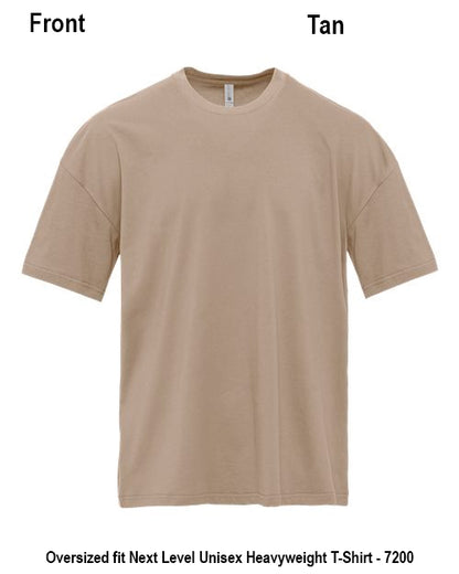 A tan crewneck short-sleeve t-shirt shown flat against a white background, with text labels indicating 'Front' and 'Tan' at the top and product details at the bottom. 