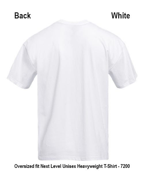 White short-sleeve T-shirt shown from the back on a plain white background, with text labels reading 'Back' and 'White' and a product description at the bottom. Custom over size shirt print Next Level 7200