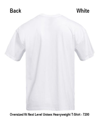 White short-sleeve T-shirt shown from the back on a plain white background, with text labels reading 'Back' and 'White' and a product description at the bottom. Custom over size shirt print Next Level 7200