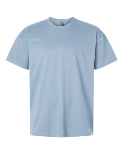 Plain light blue t-shirt on a white background. Custom over size shirt print Next Level 7200