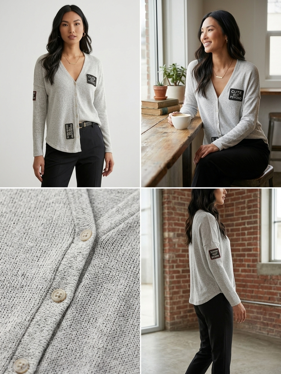 Woman wearing a grey sweater with patches in various settings.