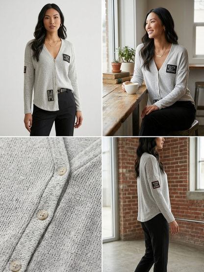 Woman wearing a grey sweater with patches in various settings.
