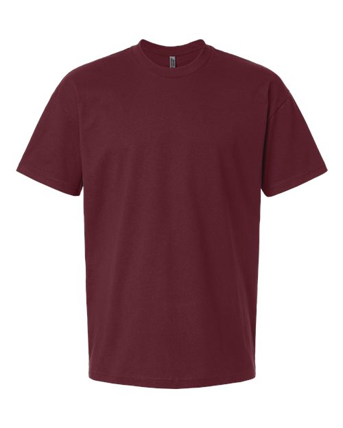 Maroon t-shirt on a white background. Custom over size shirt print Next Level 7200