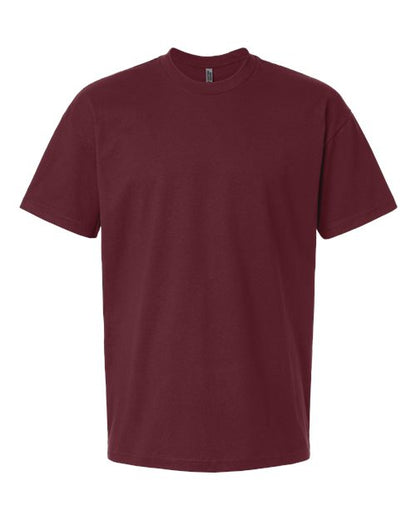 Maroon t-shirt on a white background. Custom over size shirt print Next Level 7200