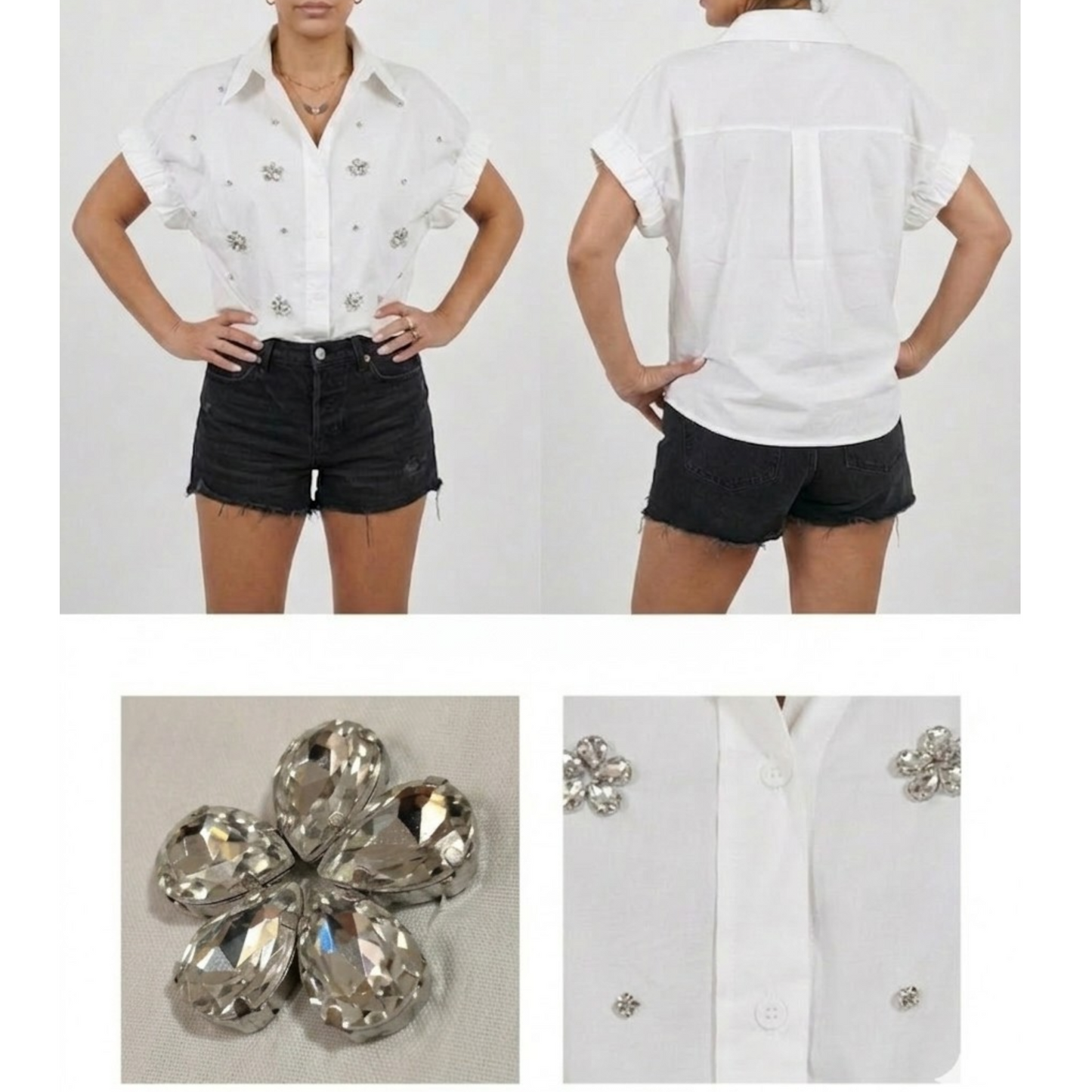 ​Front and back view of a woman wearing a white short-sleeve button-down shirt featuring crystal floral rhinestone embellishments, paired with black denim shorts. The image includes close-up shots of the 3D jewel flower appliqué and the crisp cotton fabric texture.