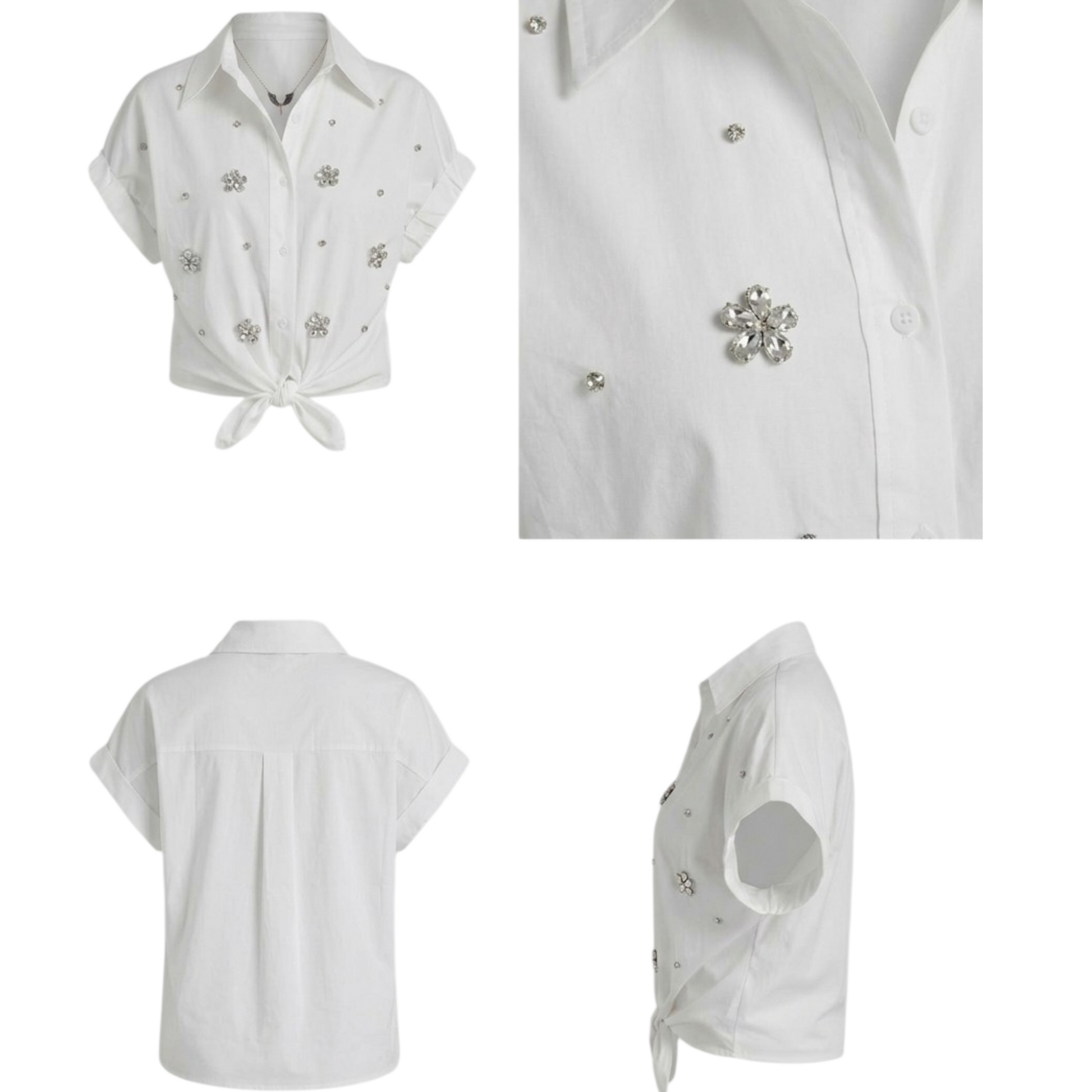 White blouse with decorative buttons and a tie detail on a white background